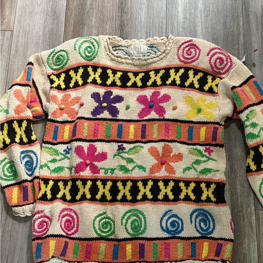 The Limited Cream and Black Crew Neck Sweater with Artistic Patterns